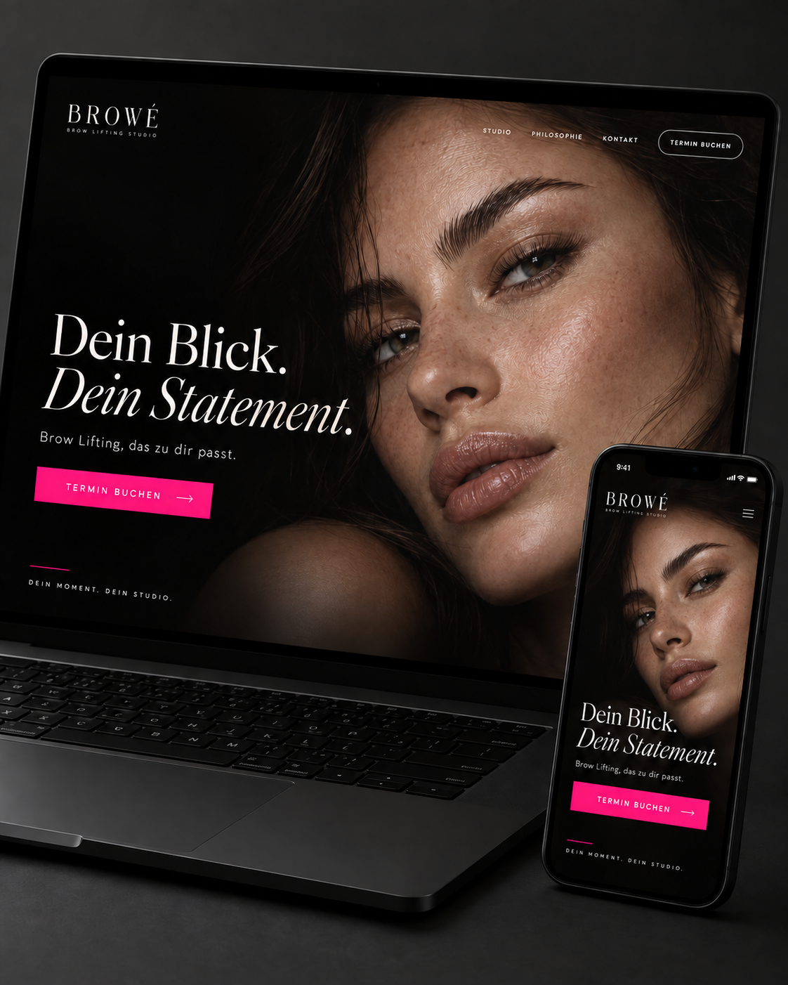 Fiktives Brow-Lifting-Studio BROWÉ mit direkter Terminbuchung auf Laptop und Smartphone
